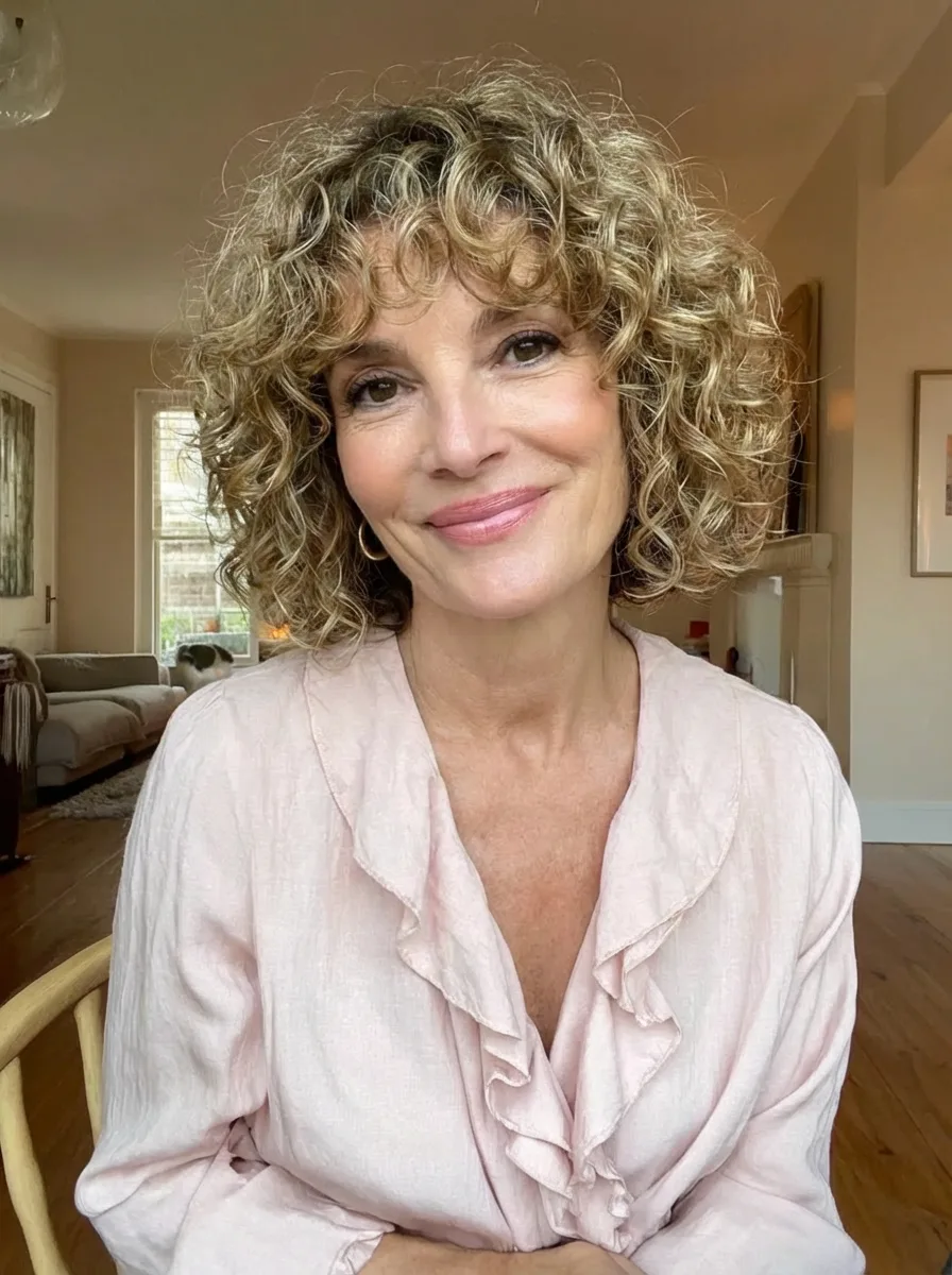 Chin-Length Curly Bob with Golden Caramel Balayage